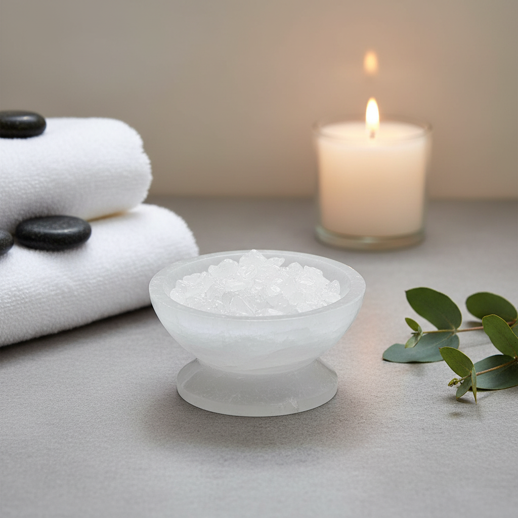 A translucent white selenite crystal bowl with pedestal filled with crystals beside rolled towels, greenery, and a lit candle in soft natural light. — for Carpe Diem Dream