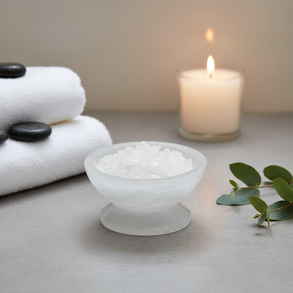 A translucent white selenite crystal bowl with pedestal filled with crystals beside rolled towels, greenery, and a lit candle in soft natural light. — for Carpe Diem Dream