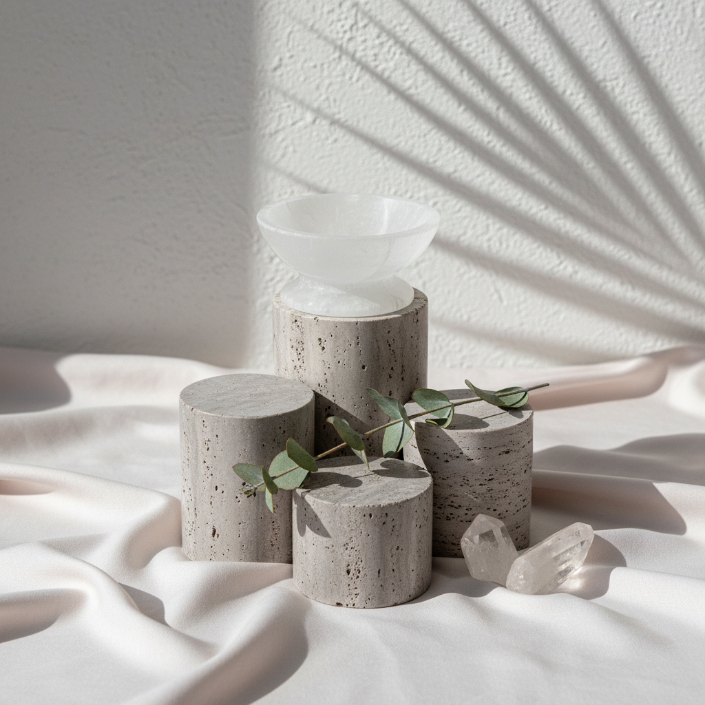 A translucent white selenite crystal bowl with pedestal resting on neutral stone pedestals with soft botanical shadows. — for Carpe Diem Dream
