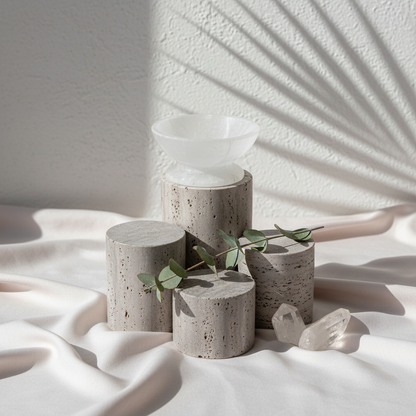 A translucent white selenite crystal bowl with pedestal resting on neutral stone pedestals with soft botanical shadows. — for Carpe Diem Dream