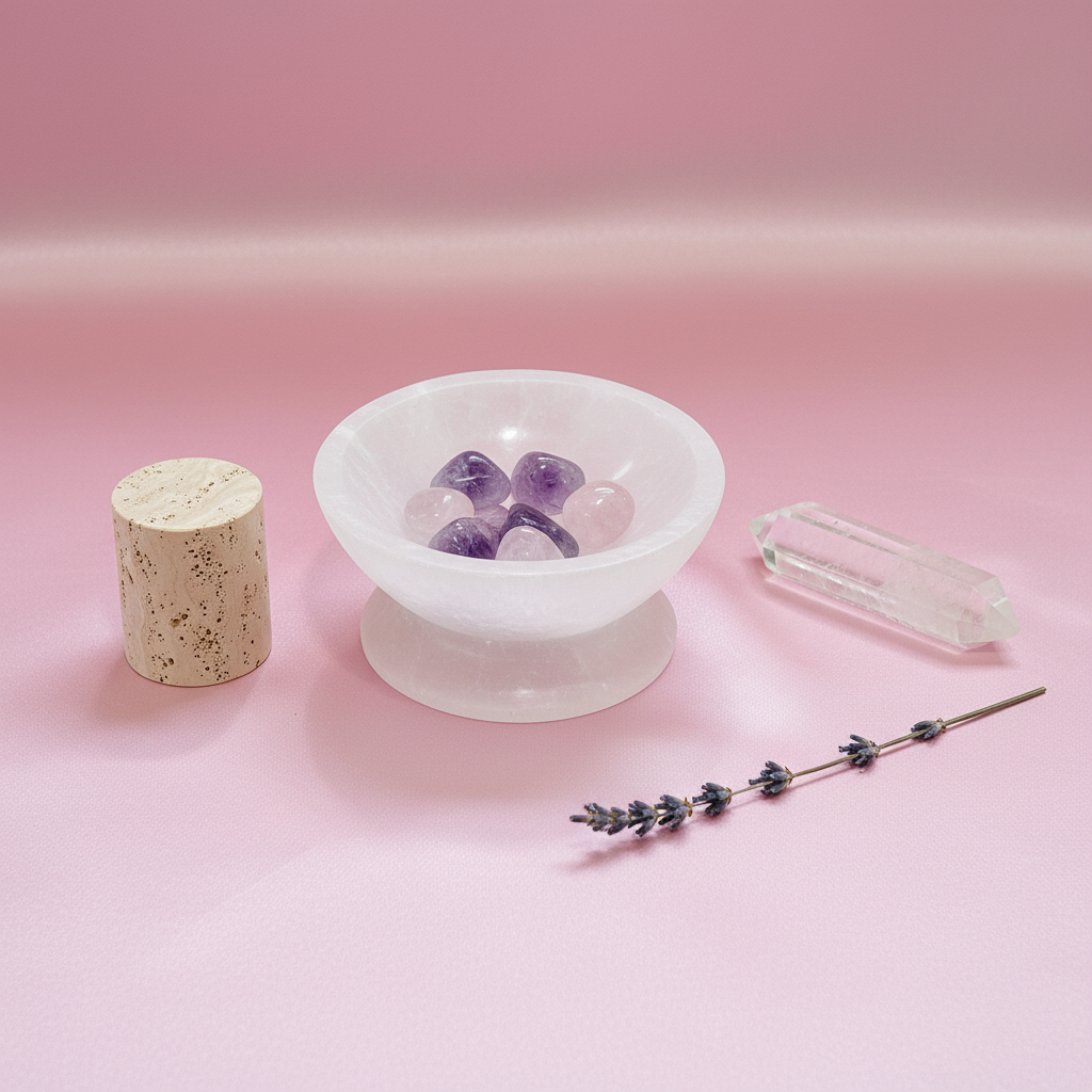 A translucent white selenite crystal bowl with pedestal arranged in a ritual setting on a soft blush surface with crystals, a lavender sprig, and a small wooden bowl. — for Carpe Diem Dream