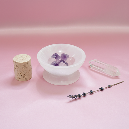 A translucent white selenite crystal bowl with pedestal arranged in a ritual setting on a soft blush surface with crystals, a lavender sprig, and a small wooden bowl. — for Carpe Diem Dream