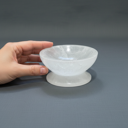 A translucent white selenite crystal bowl with pedestal shown beside a hand on a muted gray background to demonstrate its size. — for Carpe Diem Dream