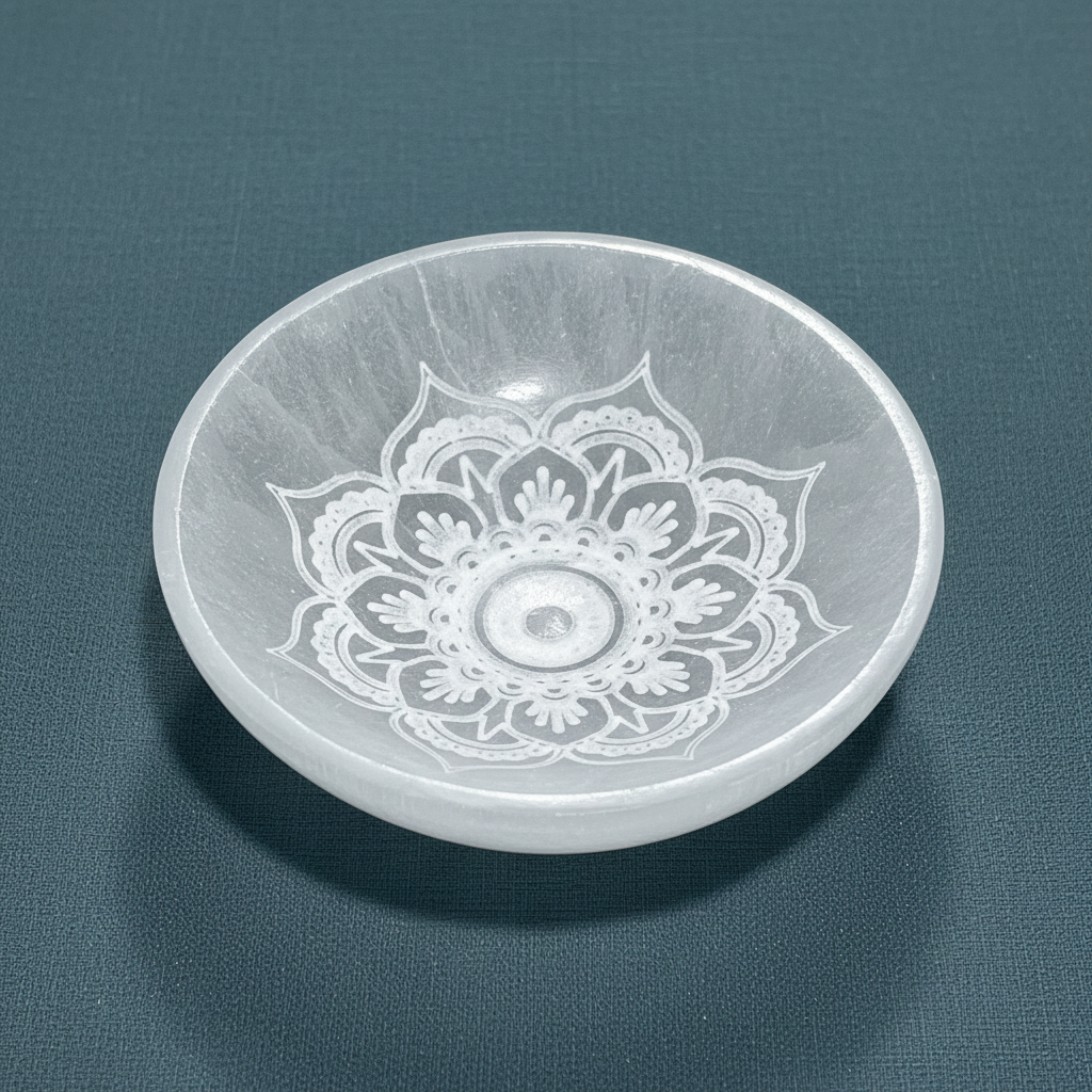 A close-up view of a translucent white selenite bowl showcasing the engraved mandala lotus design on a muted sage background. — for Carpe Diem Dream
