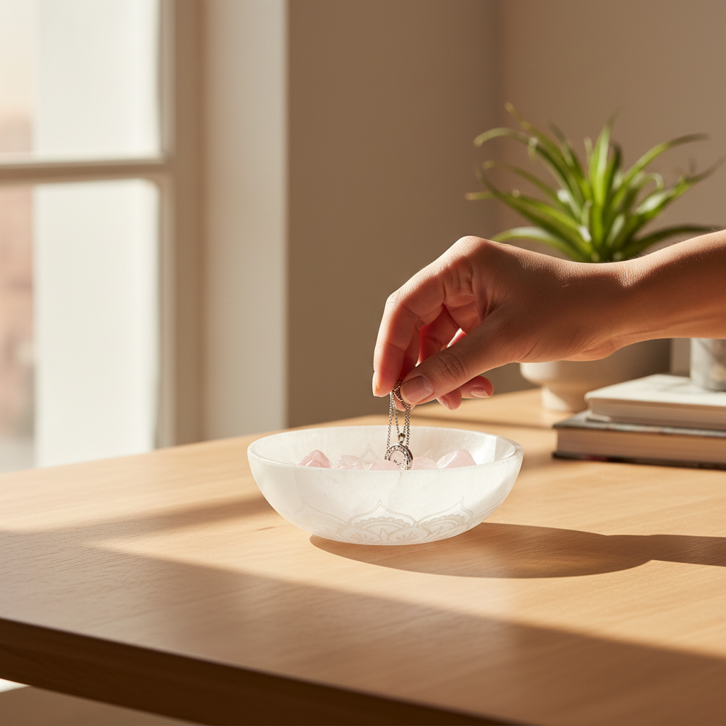 A translucent white selenite mandala lotus bowl holding crystals on a sunlit wooden table as a hand places jewelry inside. — for Carpe Diem Dream