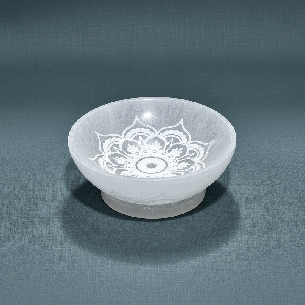 A translucent white selenite bowl engraved with a mandala lotus design displayed on a muted sage backdrop. — for Carpe Diem Dream