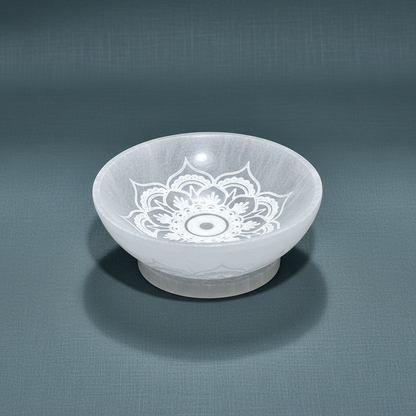 A translucent white selenite bowl engraved with a mandala lotus design displayed on a muted sage backdrop. — for Carpe Diem Dream