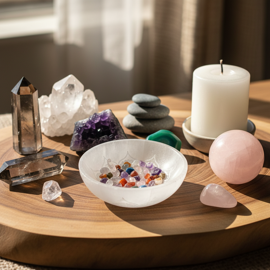 A translucent white selenite mandala lotus bowl filled with crystals displayed on a wooden altar tray alongside candles, crystal towers, and stones. — for Carpe Diem Dream