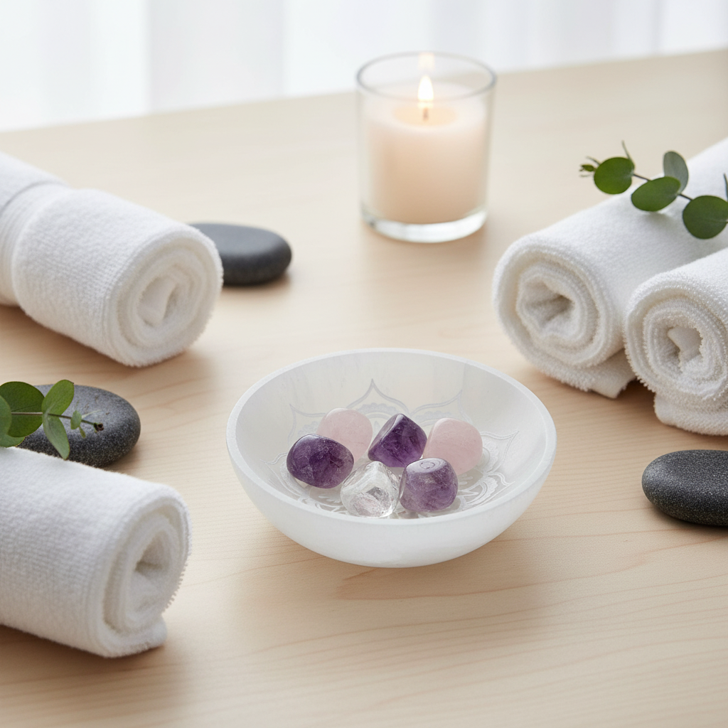 A translucent white selenite mandala lotus bowl holding crystals on a light wooden table surrounded by rolled towels, stones, greenery, and a lit candle. — for Carpe Diem Dream