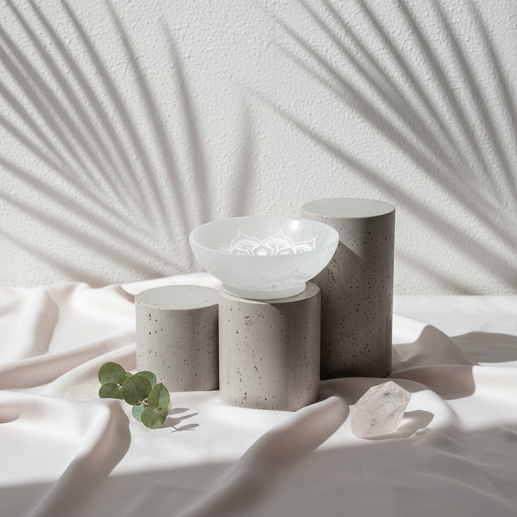 A translucent white selenite mandala lotus bowl styled on neutral stone pedestals with soft botanical shadows and crystals. — for Carpe Diem Dream