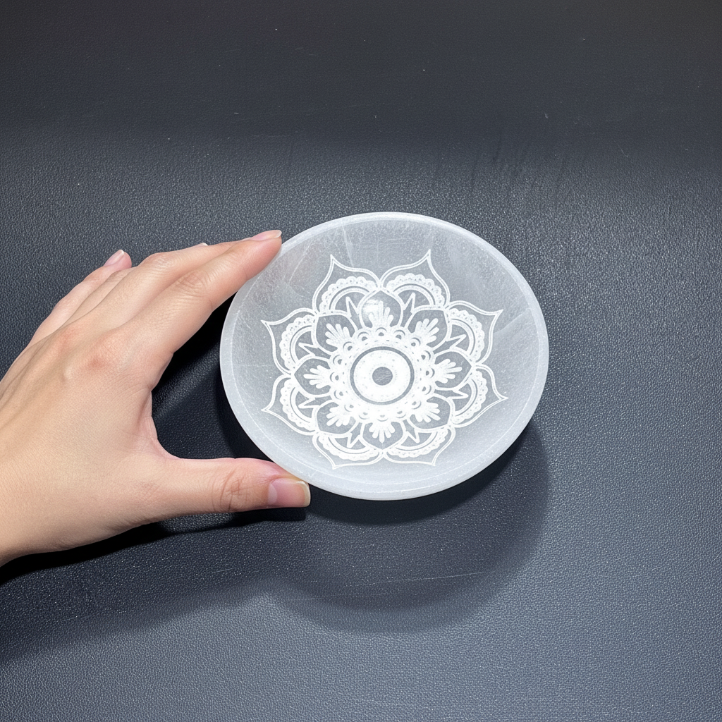 A translucent white selenite mandala lotus bowl shown beside a hand to illustrate its size and engraved design on a dark textured surface. — for Carpe Diem Dream