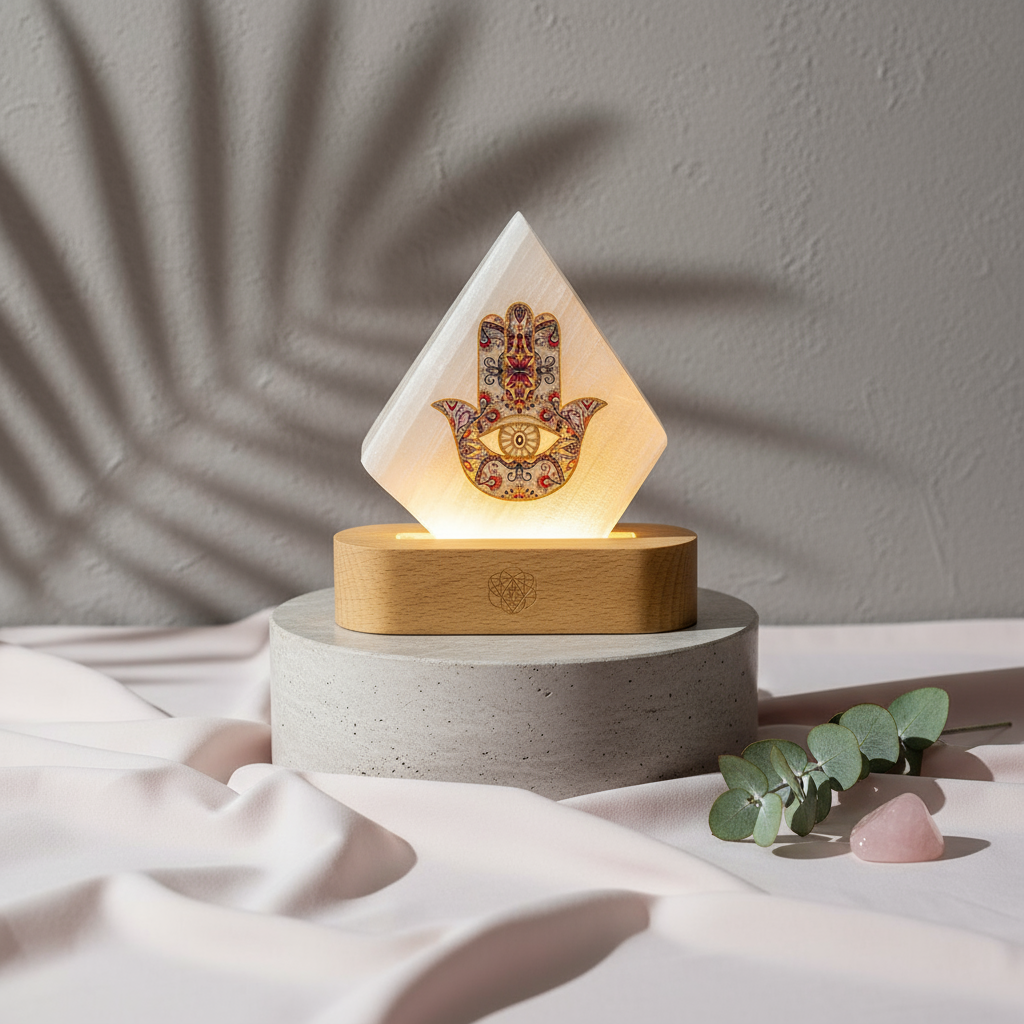 Selenite Mood Lamp of Rejuvenation displayed on travertine cylinders with blush silk fabric, eucalyptus sprig, and soft daylight shadows, styled by Carpe Diem Dream.