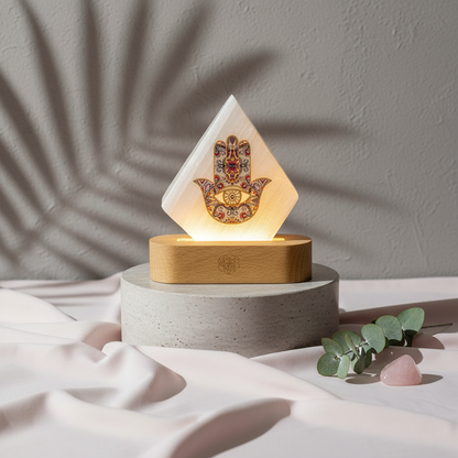 Selenite Mood Lamp of Rejuvenation displayed on travertine cylinders with blush silk fabric, eucalyptus sprig, and soft daylight shadows, styled by Carpe Diem Dream.