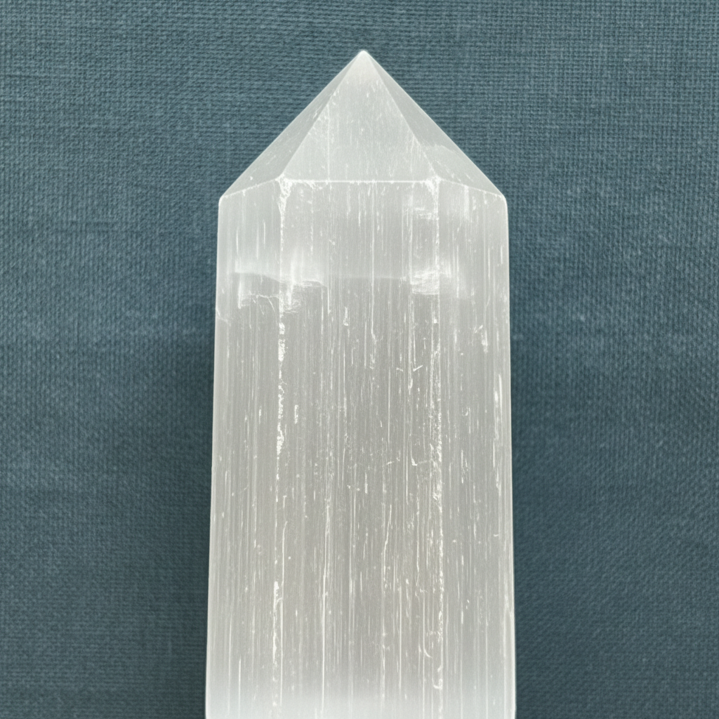 A close-up view of the pointed top and natural striated texture of a Moroccan selenite obelisk crystal. — for Carpe Diem Dream