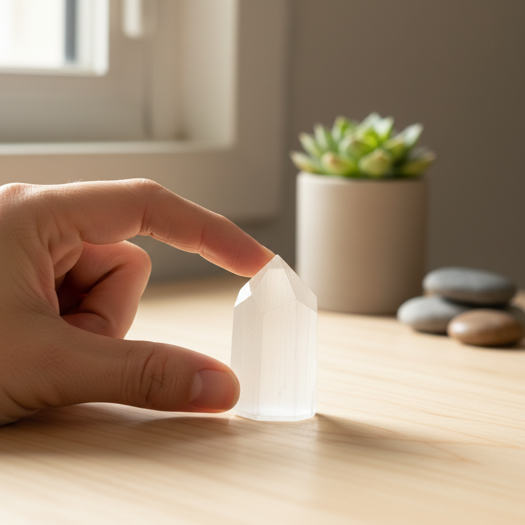 A Moroccan selenite obelisk resting on a wooden table while being gently held between two fingers, with a potted succulent and stacked stones in a calm home setting. — for Carpe Diem Dream