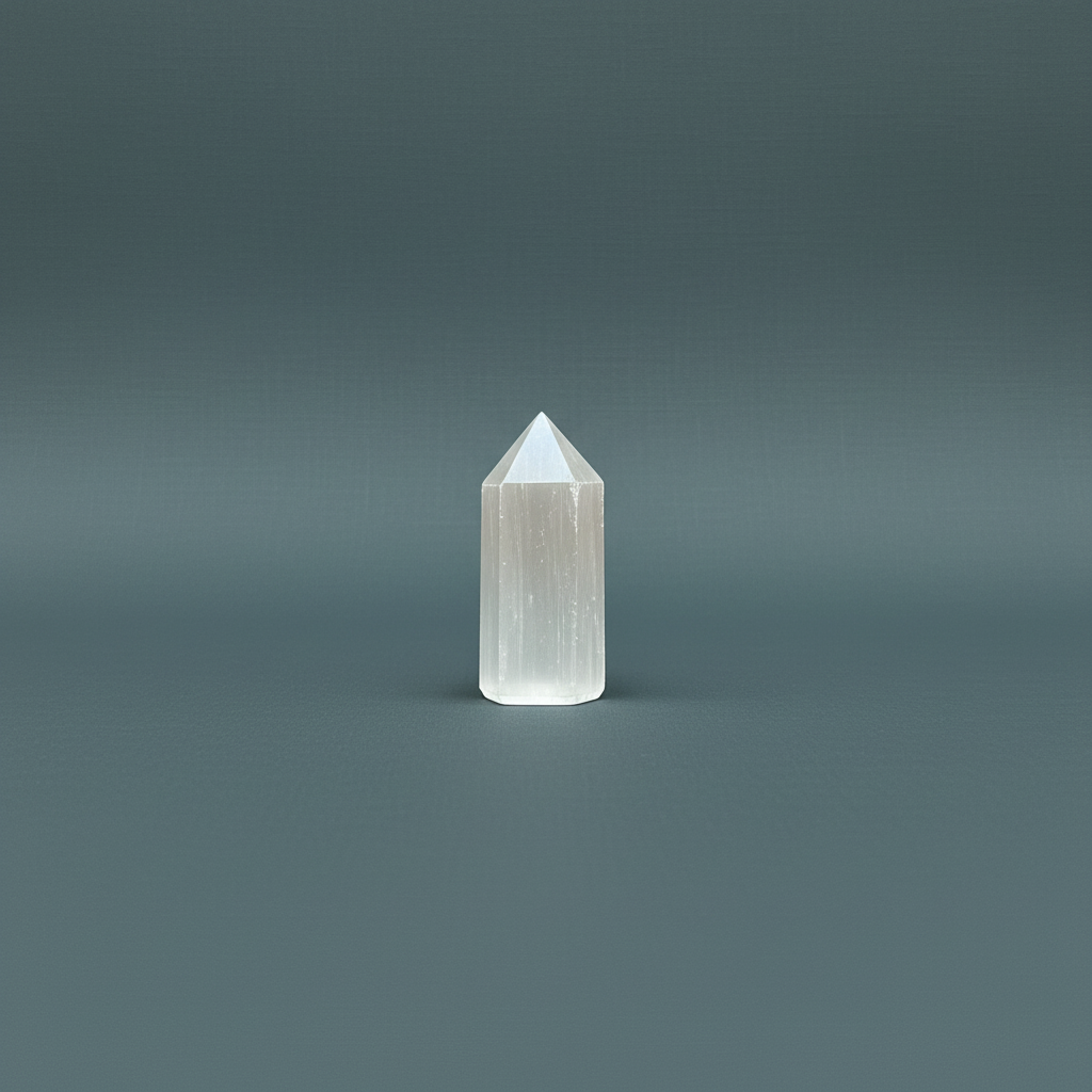 A polished Moroccan selenite obelisk crystal tower displayed upright on a muted dark textured background. — for Carpe Diem Dream