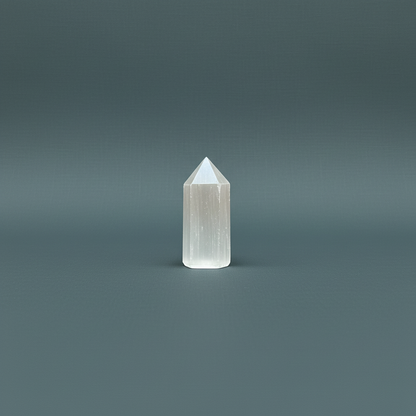 A polished Moroccan selenite obelisk crystal tower displayed upright on a muted dark textured background. — for Carpe Diem Dream