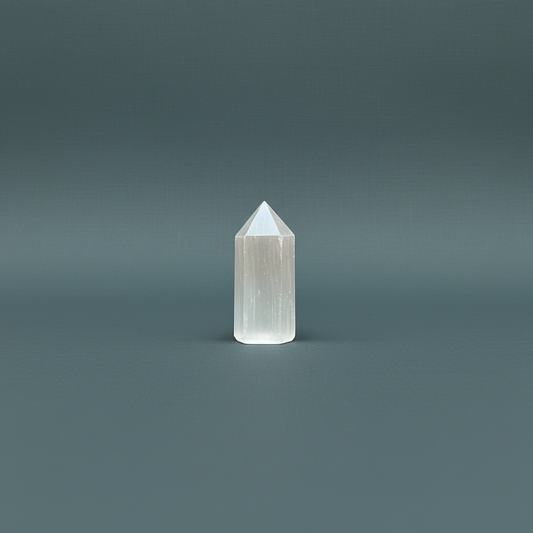A polished Moroccan selenite obelisk crystal tower displayed upright on a muted dark textured background. — for Carpe Diem Dream