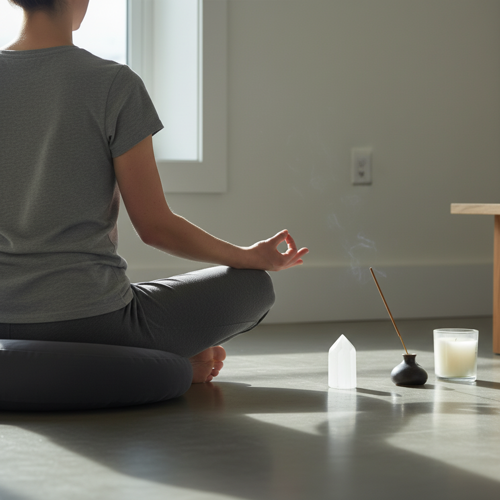 A Moroccan selenite obelisk resting on a floor beside a lit candle and an incense holder while a person meditates in a calm, sunlit room. — for Carpe Diem Dream