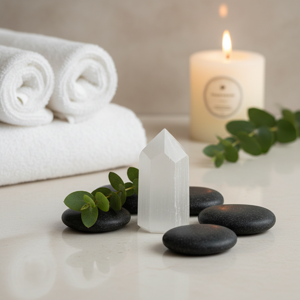 A Moroccan selenite obelisk resting on a spa table beside smooth black stones, folded white towels, green leaves, and a lit candle in a serene wellness setting. — for Carpe Diem Dream