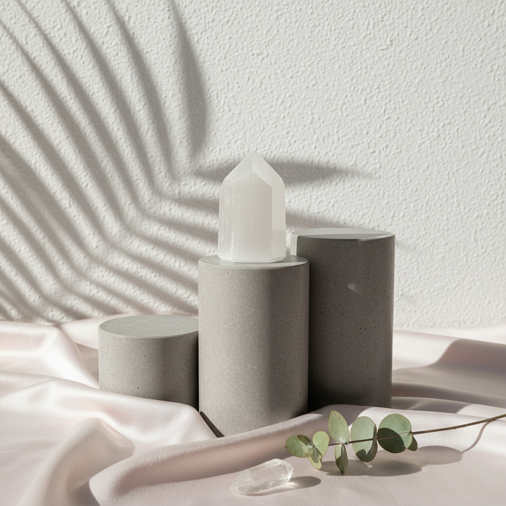 A Moroccan selenite obelisk displayed upright on concrete cylinder stands with soft botanical shadows and eucalyptus accents on a neutral fabric backdrop. — for Carpe Diem Dream