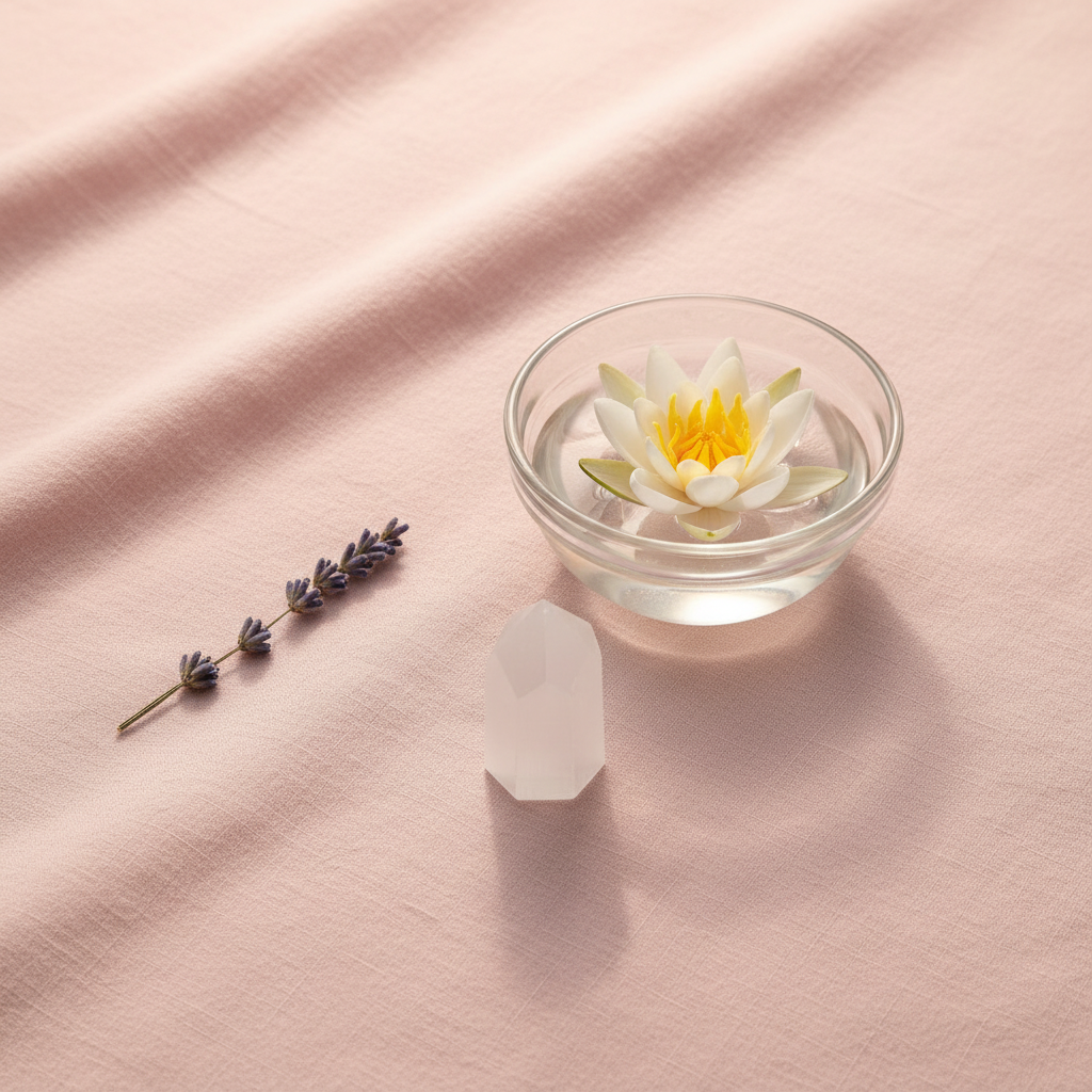 A Moroccan selenite obelisk placed on a soft blush fabric beside a glass bowl holding a floating lotus candle and a sprig of lavender in a serene ritual setting. — for Carpe Diem Dream