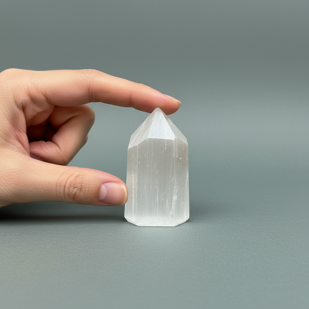 A Moroccan selenite obelisk shown upright on a muted gray background with a hand gently touching the tip to demonstrate its size and scale. — for Carpe Diem Dream