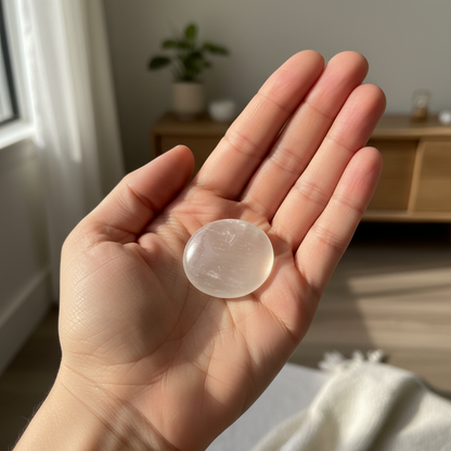 A smooth selenite palm stone resting in an open hand in a softly lit indoor setting. — for Carpe Diem Dream