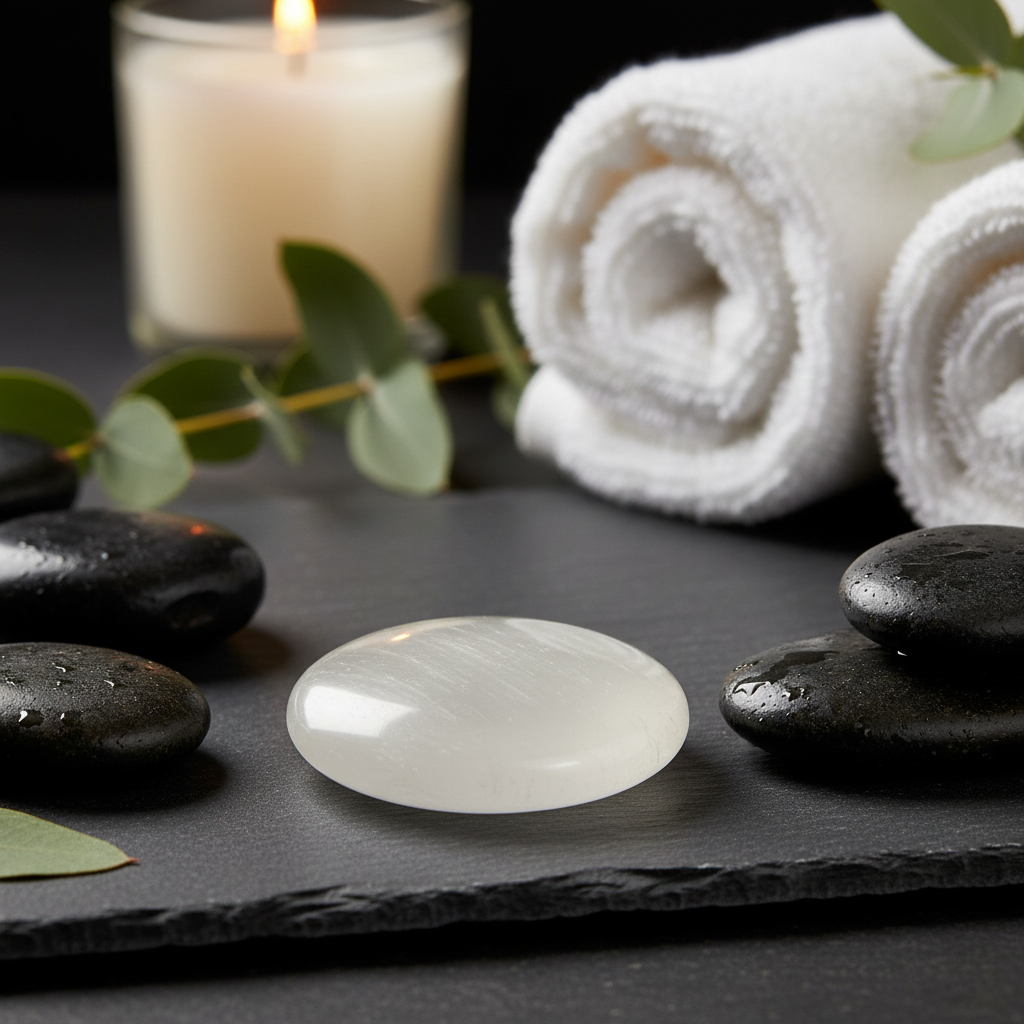 A smooth selenite palm stone displayed on a dark stone surface beside spa stones, rolled towels, and a lit candle. — for Carpe Diem Dream