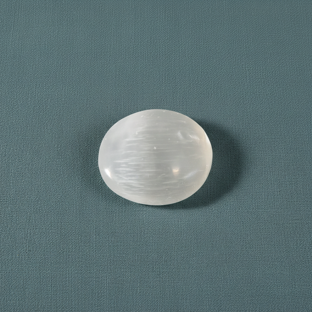 A smooth selenite palm stone centered on a muted teal fabric background. — for Carpe Diem Dream
