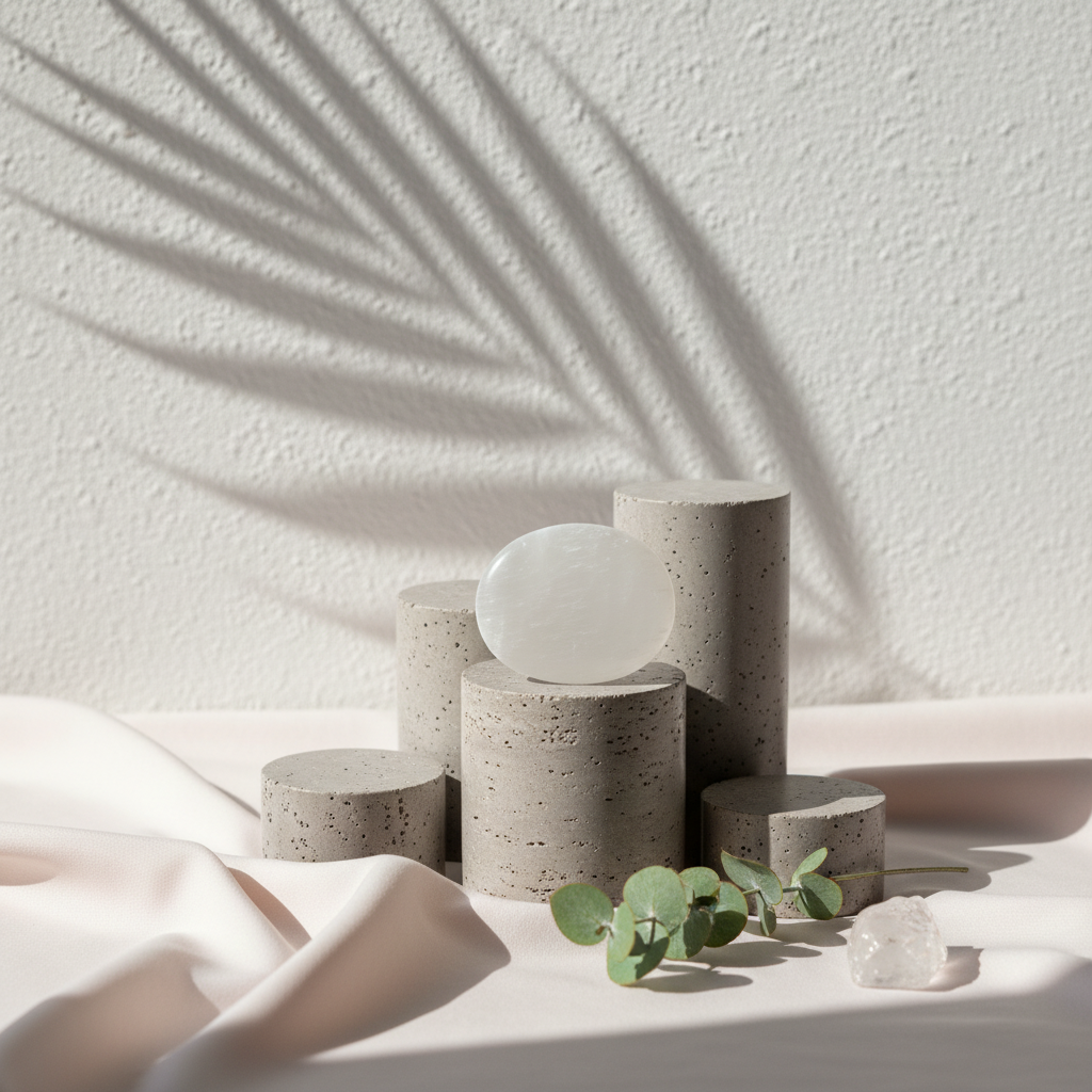 A smooth selenite palm stone centered on textured stone pedestals with soft botanical shadows on a light neutral backdrop. — for Carpe Diem Dream