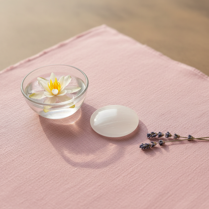 A smooth selenite palm stone displayed beside a glass bowl with a floating lotus flower and a sprig of lavender on a soft pink fabric surface. — for Carpe Diem Dream