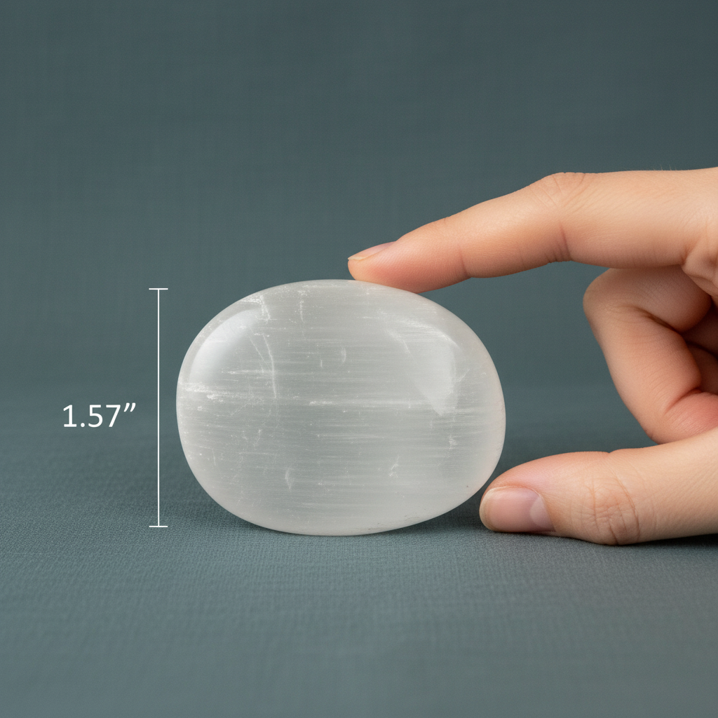 A smooth selenite palm stone shown beside a hand for size reference on a muted teal background. — for Carpe Diem Dream