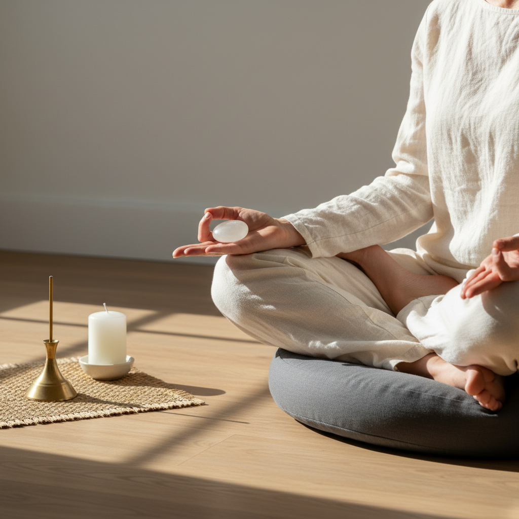 A smooth selenite palm stone resting in a person’s open hand during a seated meditation beside a candle and incense on a wooden floor. — for Carpe Diem Dream