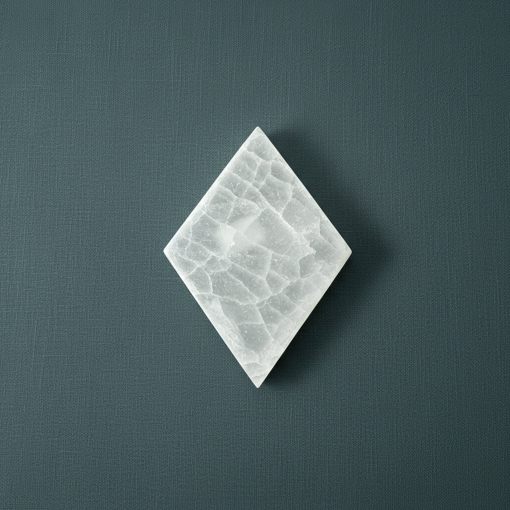 A diamond-shaped selenite slice with a soft translucent texture displayed upright on a muted dark textured background. — for Carpe Diem Dream
