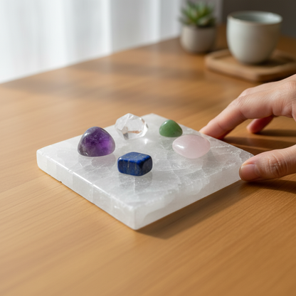A small square selenite slice placed on a wooden table with assorted polished crystals resting on top, shown in a calm home setting. — for Carpe Diem Dream
