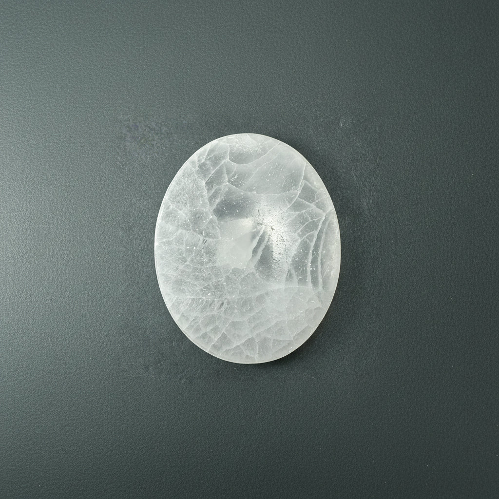 An oval selenite slice with a soft translucent texture displayed upright on a muted dark textured background. — for Carpe Diem Dream