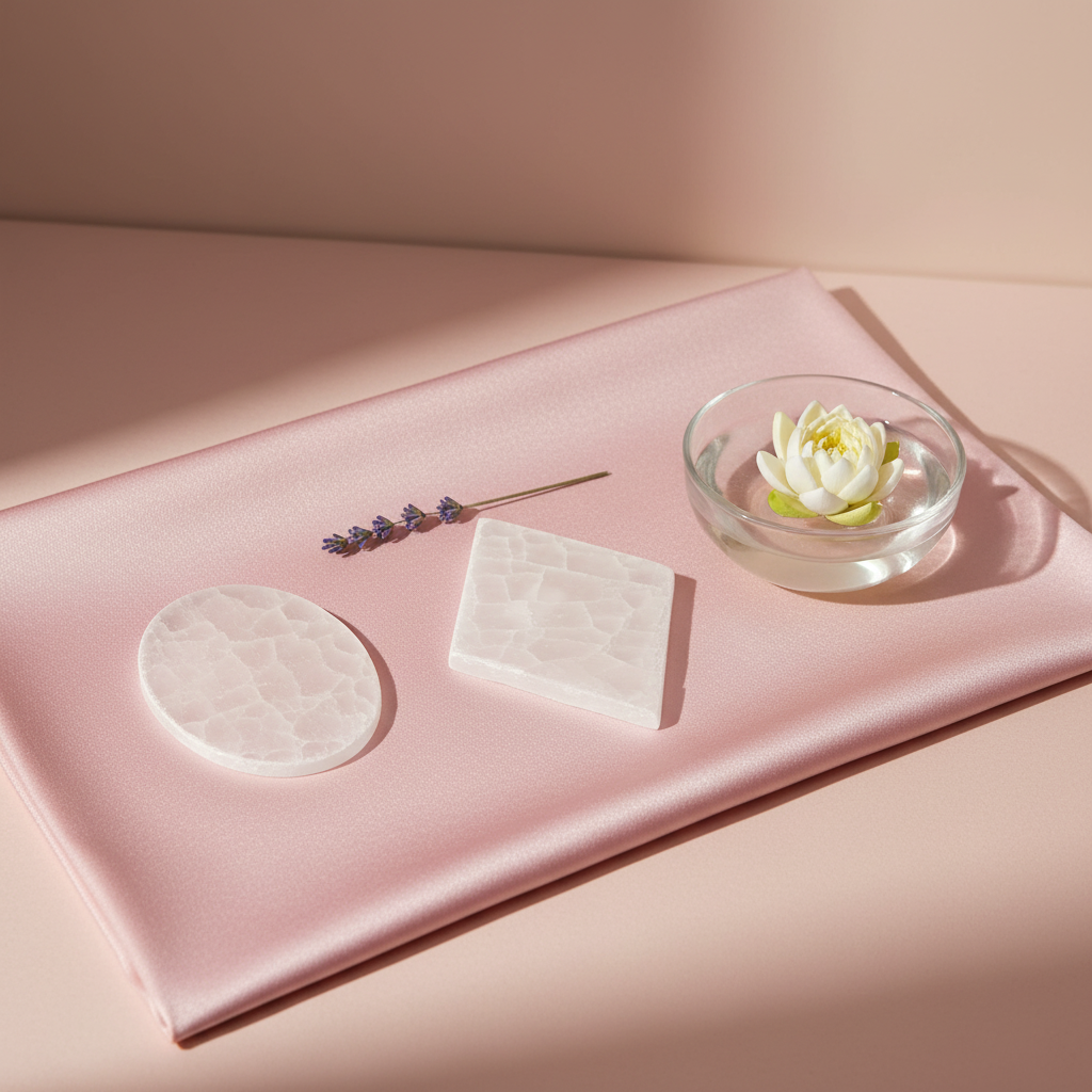 A small square and oval selenite slice displayed on a soft pink silk surface beside a glass bowl with a floating flower and a lavender sprig. — for Carpe Diem Dream