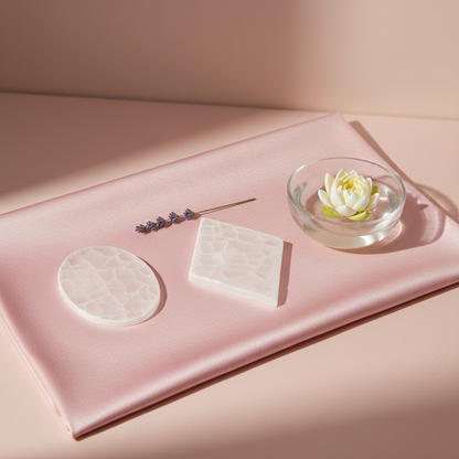 A small square and oval selenite slice displayed on a soft pink silk surface beside a glass bowl with a floating flower and a lavender sprig. — for Carpe Diem Dream