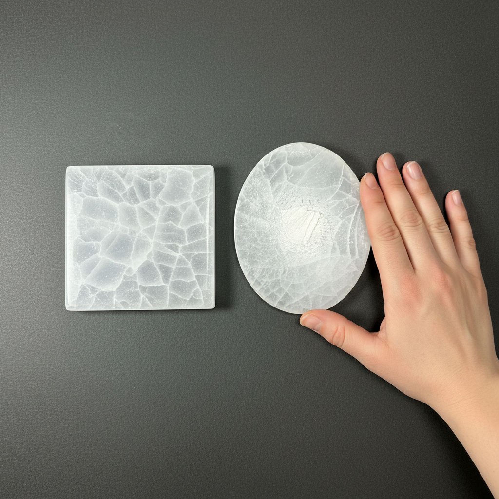 A small square and oval selenite slice displayed side by side on a dark neutral background with a hand placed next to them for size reference. — for Carpe Diem Dream