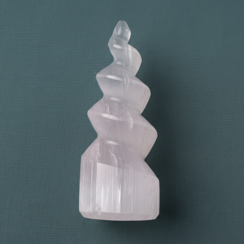 A close-up view of a carved selenite spiral tower showing its smooth translucent layers against a muted teal background. — for Carpe Diem Dream