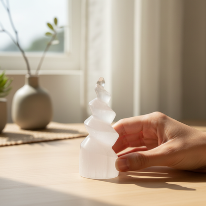 A carved selenite spiral tower being gently held on a sunlit wooden table in a calm home setting. — for Carpe Diem Dream