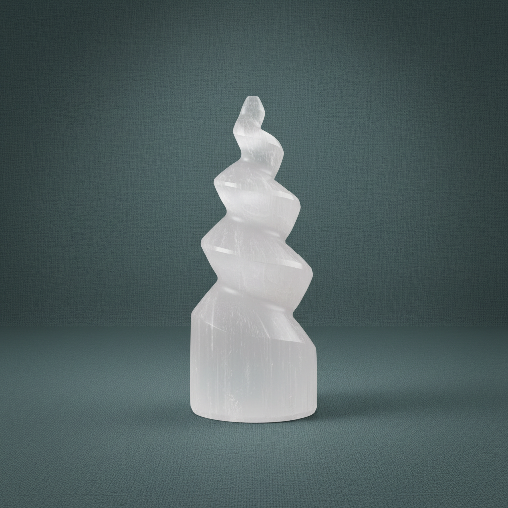 A carved selenite spiral tower standing upright against a muted teal background. — for Carpe Diem Dream