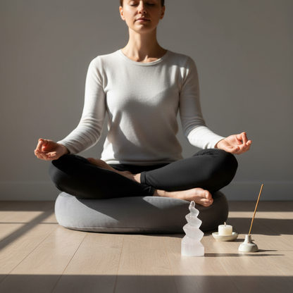 A carved selenite spiral tower placed beside incense and a candle in front of a person seated in meditation on a cushion in soft natural light. — for Carpe Diem Dream
