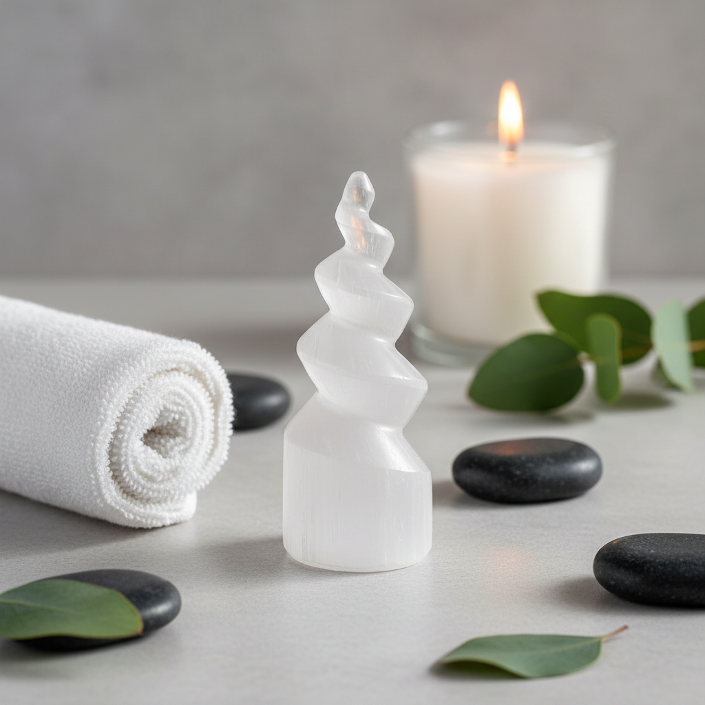 A carved selenite spiral tower resting beside a lit candle, spa stones, and a rolled towel in a tranquil setting. — for Carpe Diem Dream