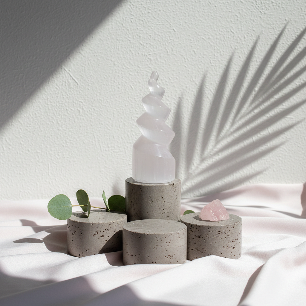 A carved selenite spiral tower displayed on concrete pedestals with soft botanical shadows and blush fabric accents. — for Carpe Diem Dream