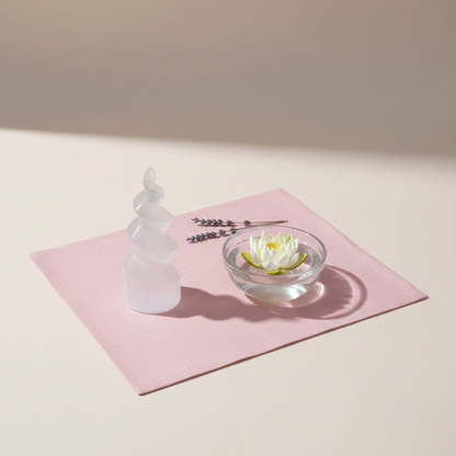 A carved selenite spiral tower resting beside a glass bowl with a floating lotus flower and lavender sprigs on a soft pink fabric surface. — for Carpe Diem Dream