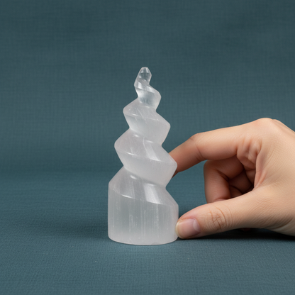 A carved selenite spiral tower shown beside a hand for size reference against a muted teal background. — for Carpe Diem Dream
