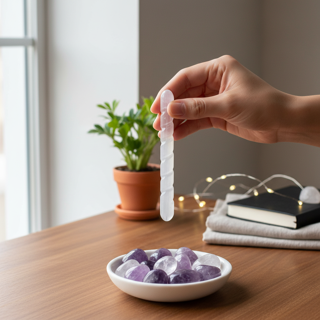 A translucent white selenite spiral wand held above a bowl of crystals on a wooden desk in a calm ritual setting. — for Carpe Diem Dream
