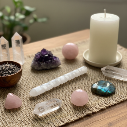 A translucent white selenite spiral wand displayed on a ritual altar mat surrounded by crystals, a lit candle, and sacred tools. — for Carpe Diem Dream